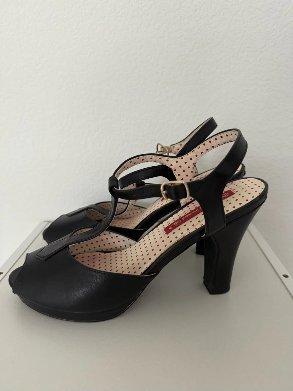 Black T-Strap Peep Toe Women's Heels